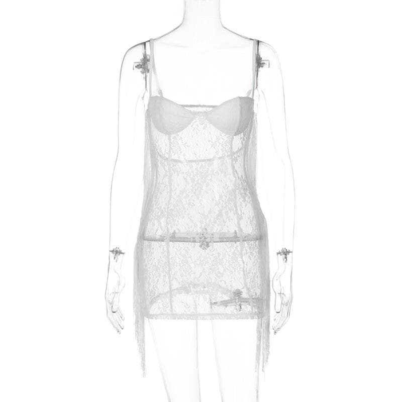Lace Strappy Open-Back Mini Dress with Fringe Details