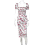 Floral Square-Neck Satin Midi Dress