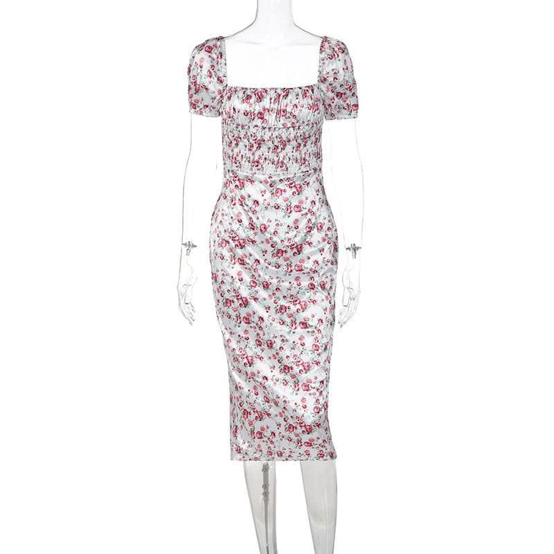 Floral Square-Neck Satin Midi Dress