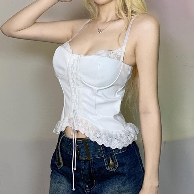 Strappy Open-Back Ruffled Cami Top with Lace Details