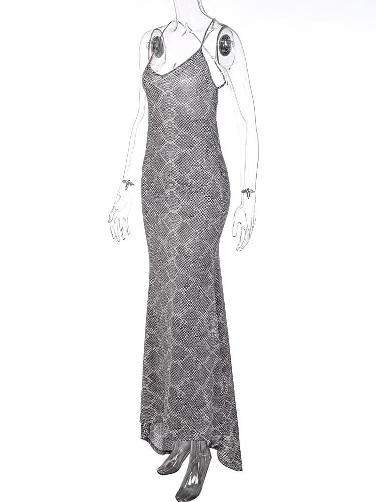 Snake-Print Scoop-Neck Strappy Maxi Dress with Cross-Back Straps