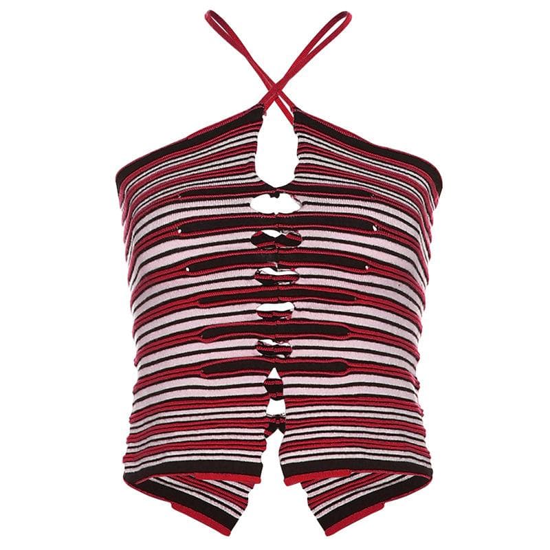 Striped Knit Strappy Cami Top with Cutout Details