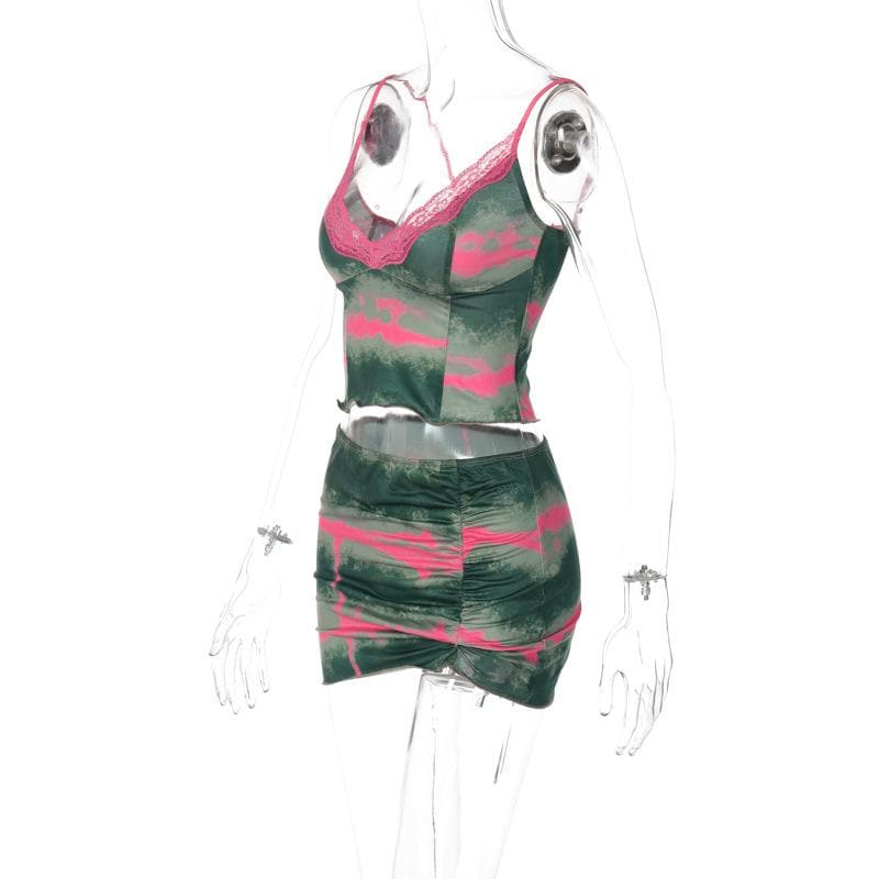 Tie-Dye Lace Strappy Top & Skirt Set with a V-Neck