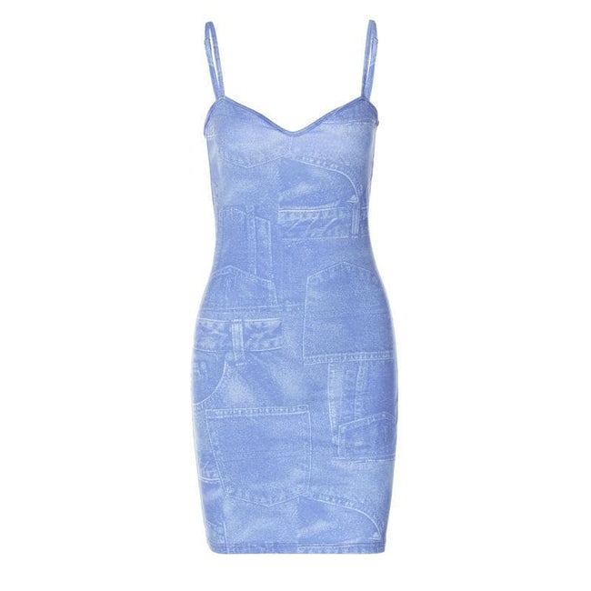 Denim-Print V-Neck Strappy Mini Dress with an Open Back Main image