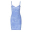 Denim-Print V-Neck Strappy Mini Dress with an Open Back