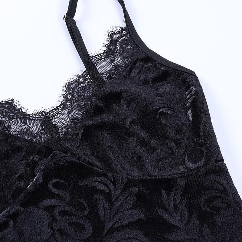 V-Neck Velvet Strappy Cami Top with Lace Details