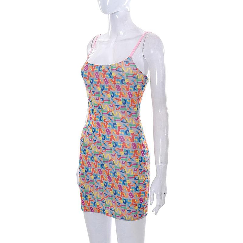 Lettered Square-Neck Strappy Mini Dress