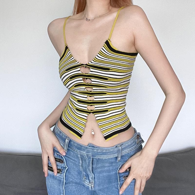 Striped Knit Strappy Cami Top with Cutout Details
