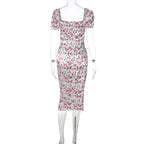 Floral Square-Neck Satin Midi Dress