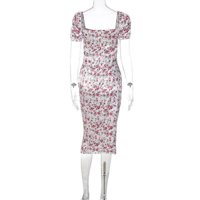 Floral Square-Neck Satin Midi Dress