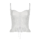Strappy Open-Back Ruffled Cami Top with Lace Details