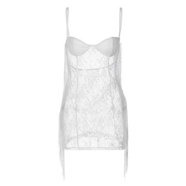 Lace Strappy Open-Back Mini Dress with Fringe Details Main image