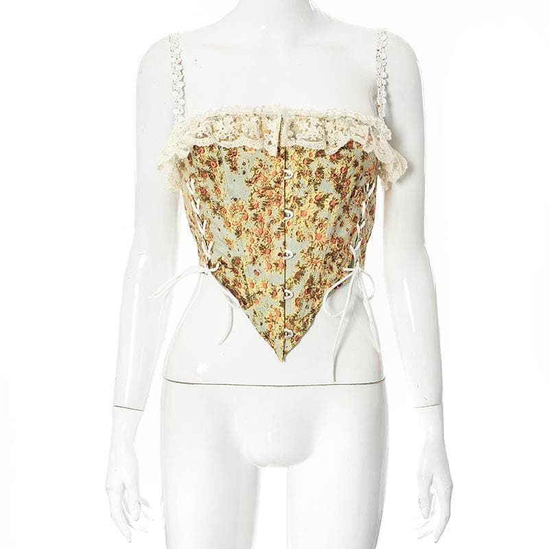 Floral Lace Ruffled Corset Top with Lace-Up Details