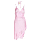 V-Neck Strappy Ruffled Mini Dress with an Open Back