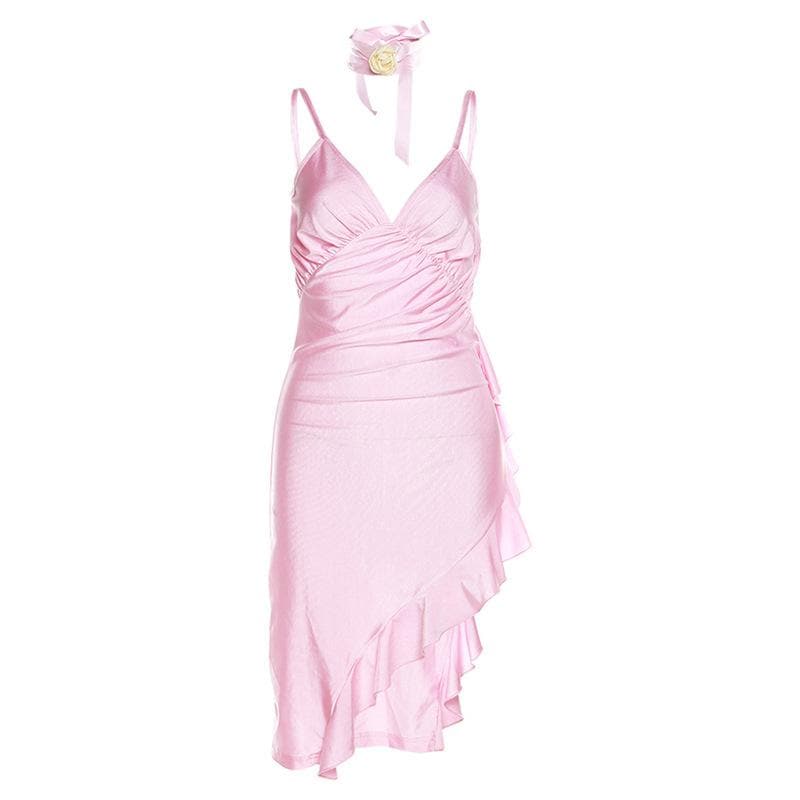 V-Neck Strappy Ruffled Mini Dress with an Open Back
