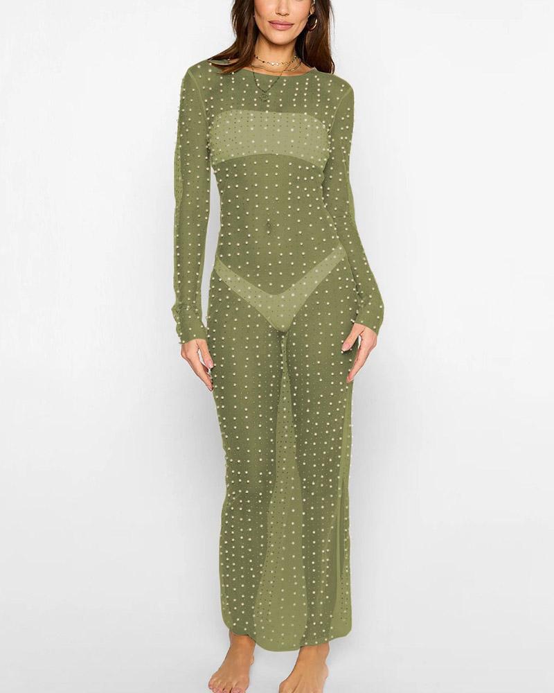 Mesh Sheer Pearl-Detail Dress