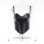Sweetheart-Neck Faux-Leather Strappy Cami Top with a Front Zip