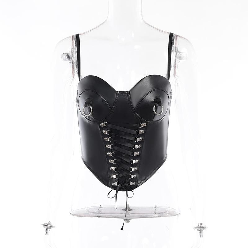 Sweetheart-Neck Faux-Leather Strappy Cami Top with a Front Zip