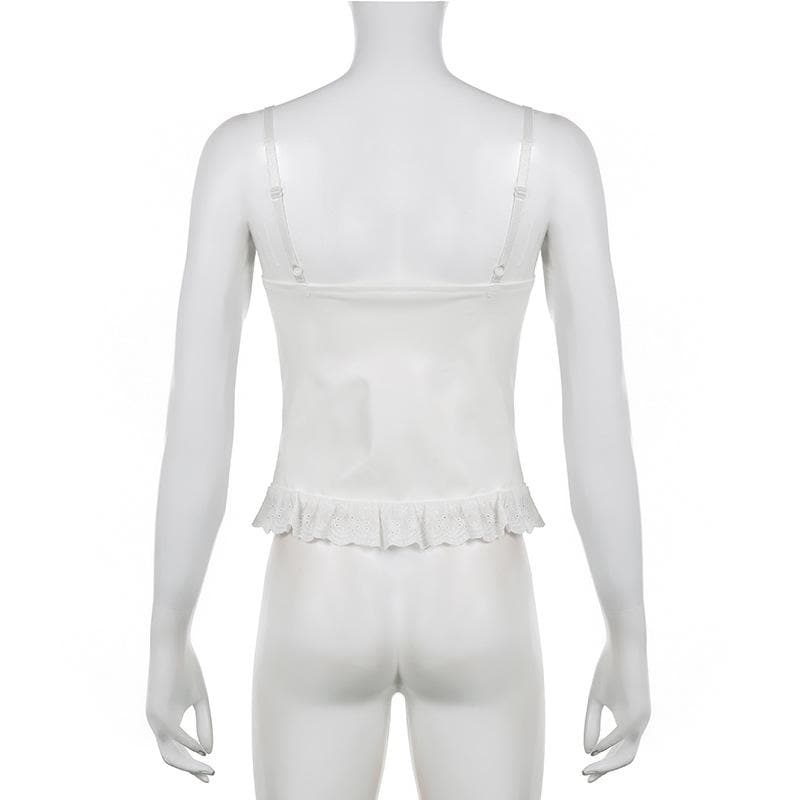 Strappy Open-Back Ruffled Cami Top with Lace Details