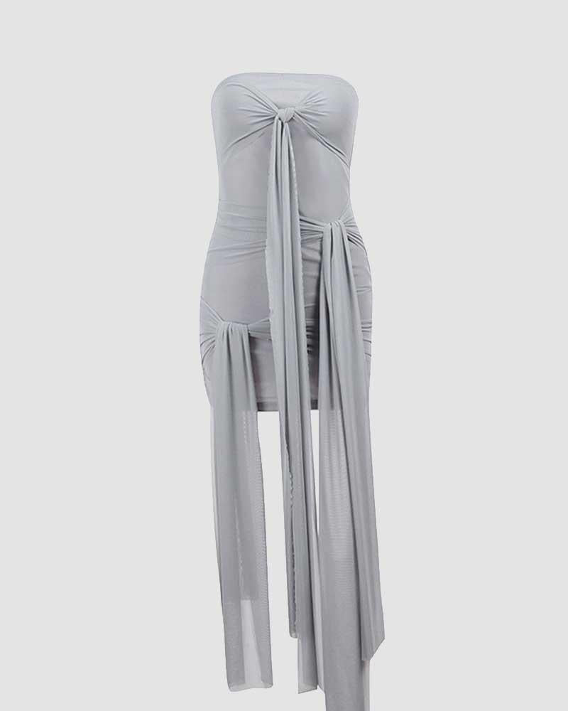 Strapless Draped Mini Dress with Ribbon Details