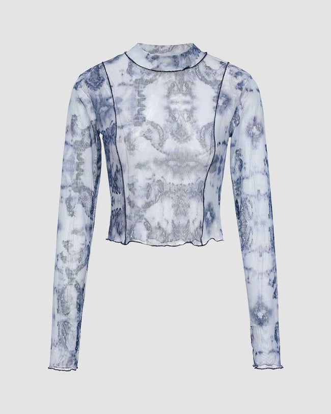 Abstract-Print Mesh Long-Sleeve Top Main image