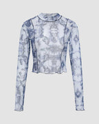 Abstract-Print Mesh Long-Sleeve Top