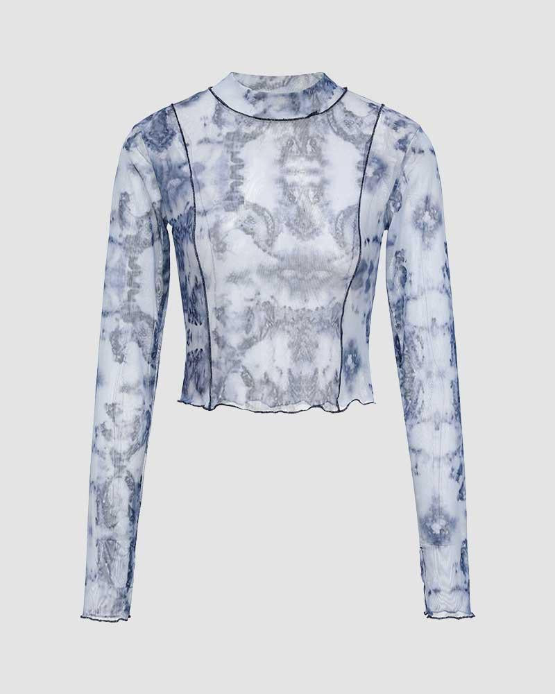 Abstract-Print Mesh Long-Sleeve Top