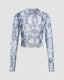 Abstract-Print Mesh Long-Sleeve Top