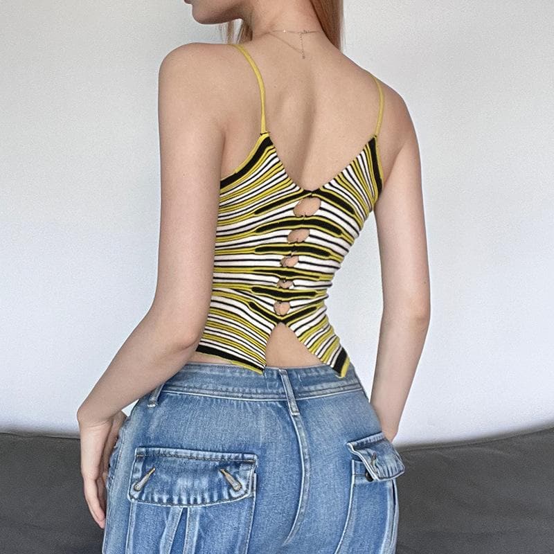 Striped Knit Strappy Cami Top with Cutout Details