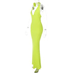 V-Neck Floral-Appliqué Maxi Dress with an Open Back