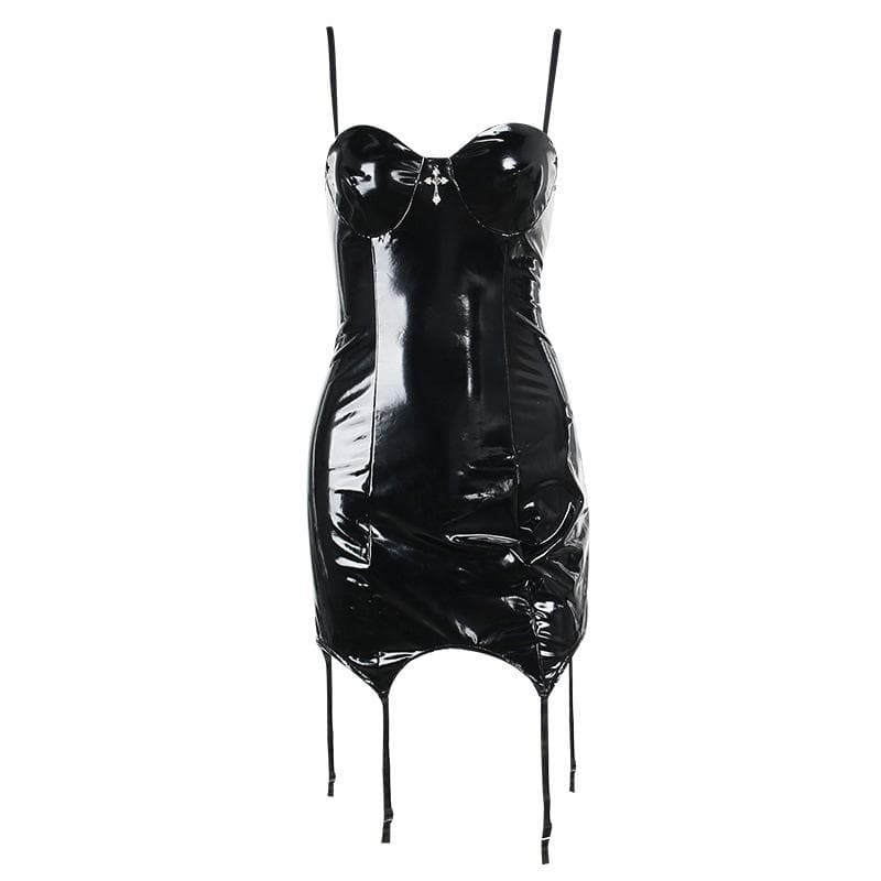 Sweetheart-Neck Faux-Leather Strappy Mini Dress