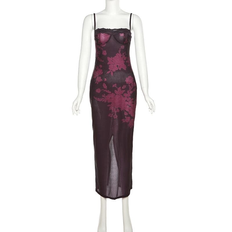 Floral Lace Strappy Midi Dress with a Split Detail