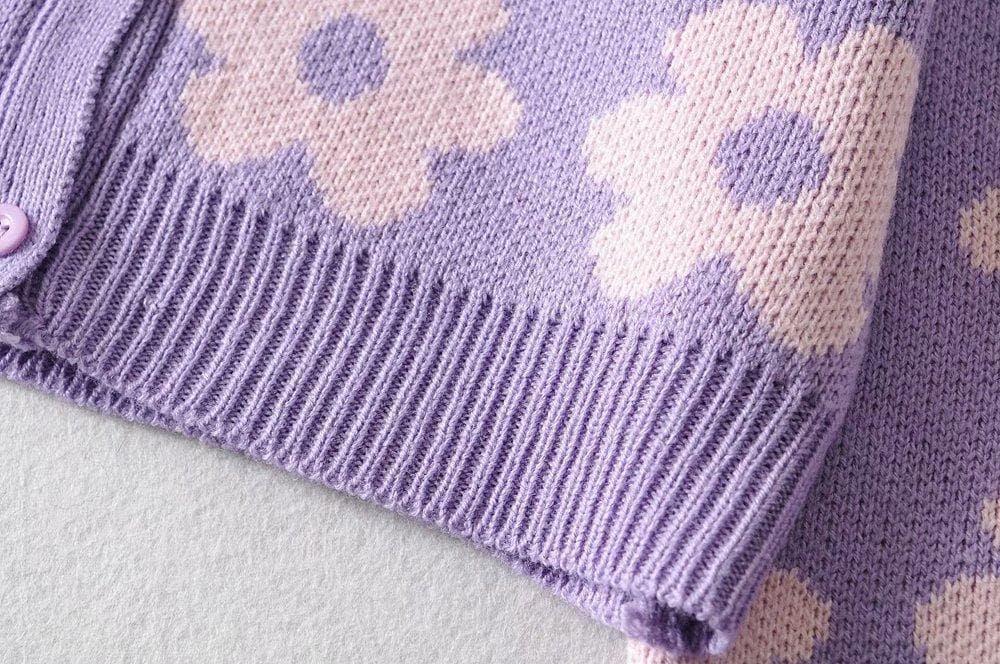 Floral Knit Button-Detail Cardigan with a V-Neck