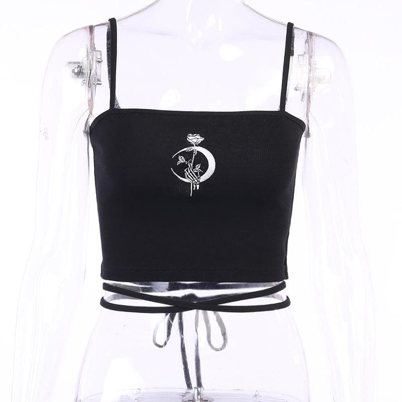 Ribbed Strappy Cropped Cami Top with Embroidery