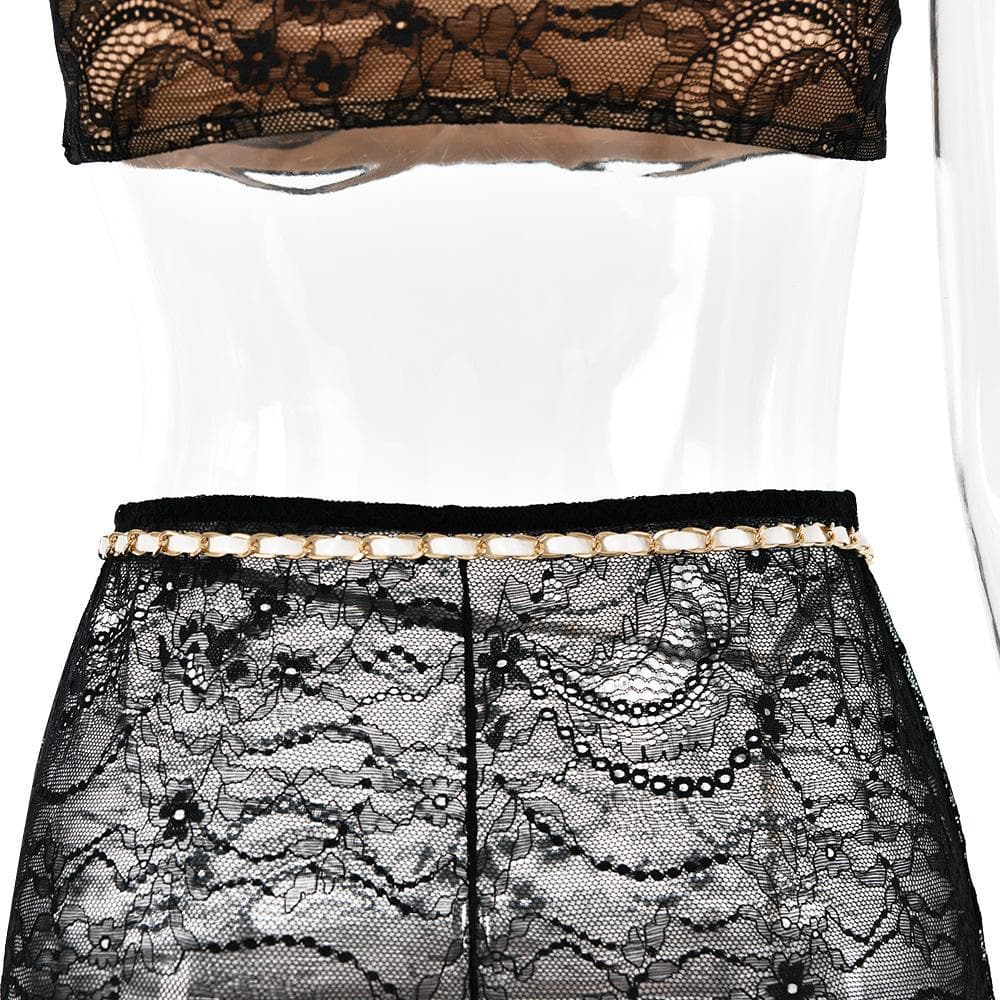 Lace Strappy Sheer Top & Skirt Set with a V-Neck