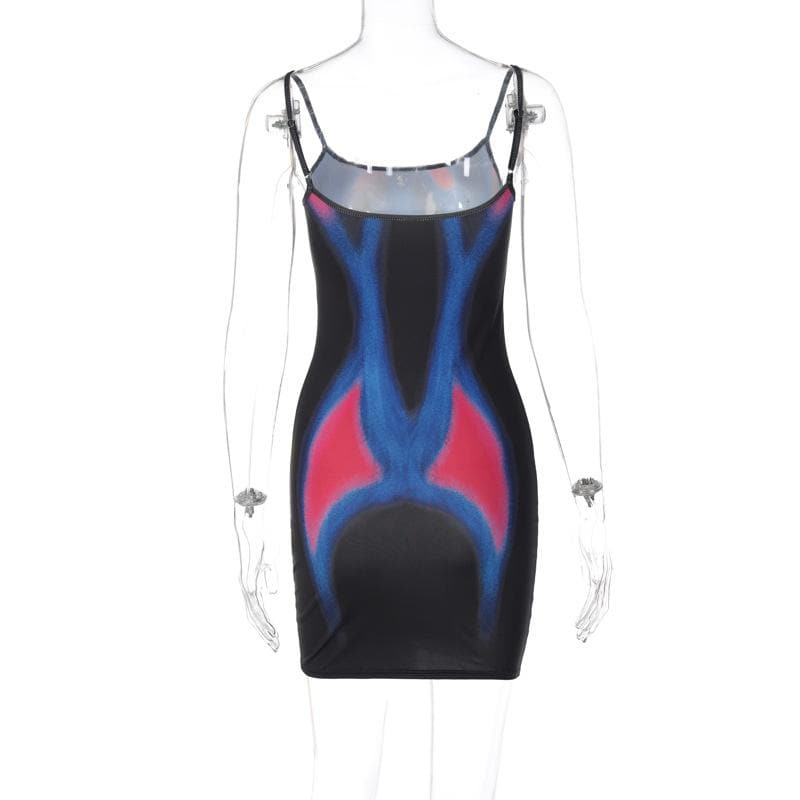 Printed Strappy Open-Back Mini Dress with a Scoop Neck