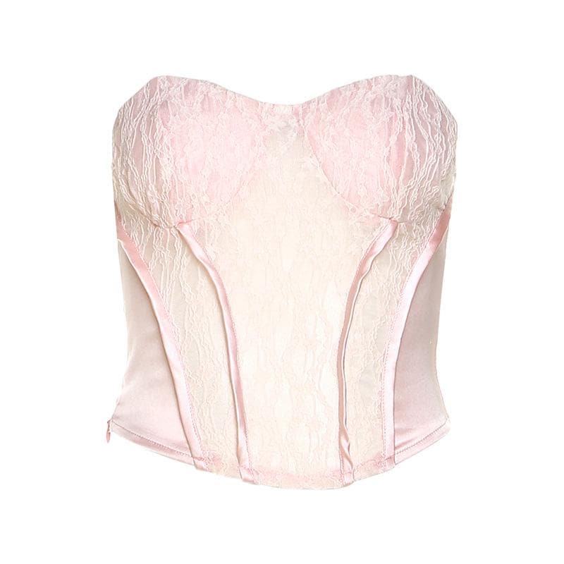Sweetheart-Neck Strapless Zip-Front Corset Top with Lace Details