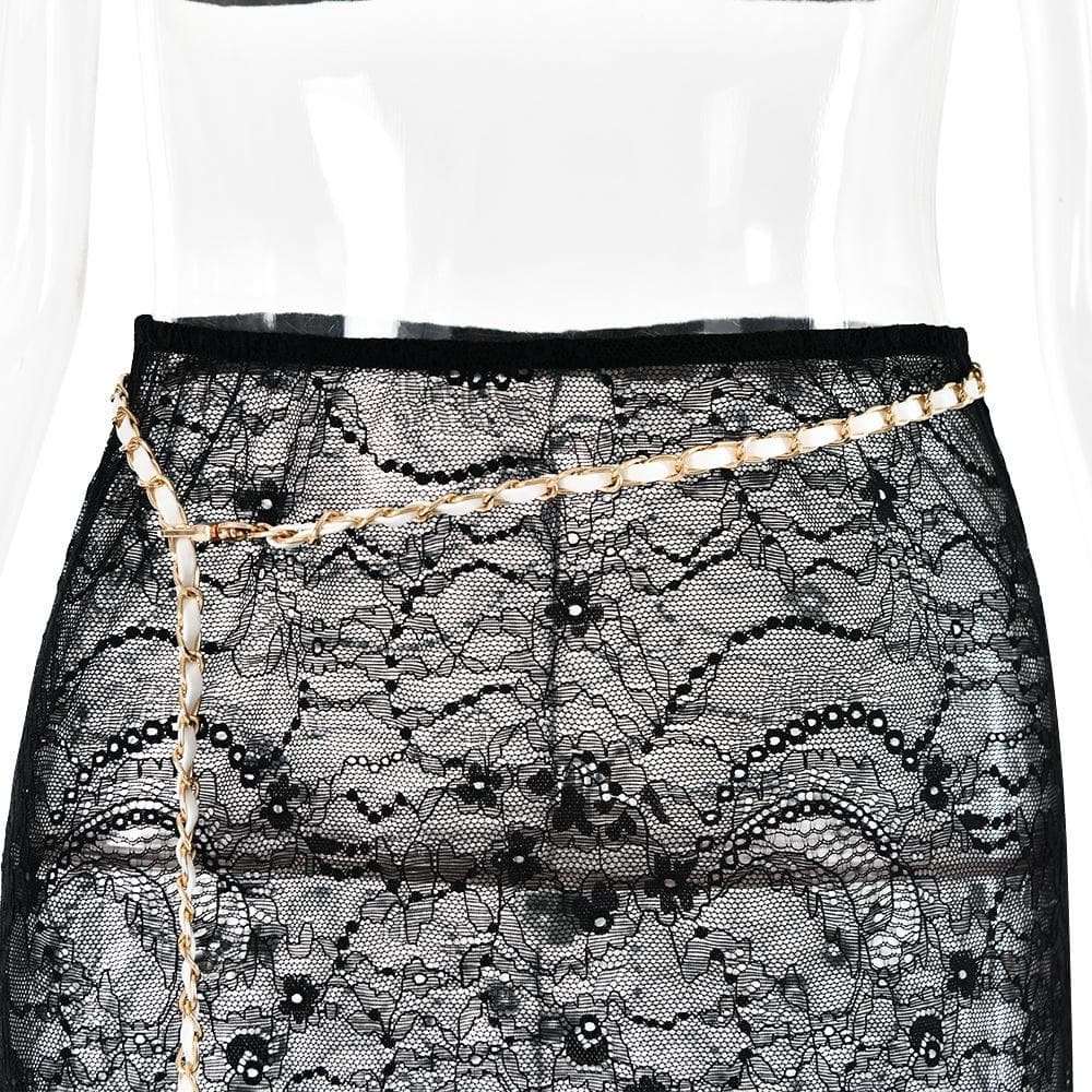 Lace Strappy Sheer Top & Skirt Set with a V-Neck