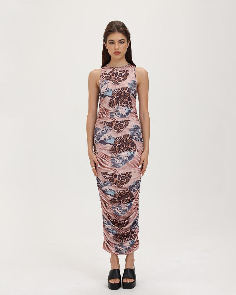 Ruched Long-Sleeve Tank Dress with Butterfly Details