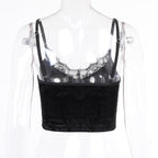 V-Neck Velvet Strappy Cami Top with Lace Details
