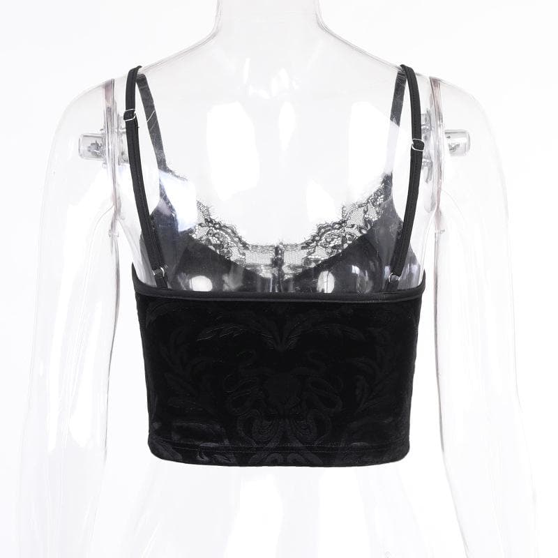 V-Neck Velvet Strappy Cami Top with Lace Details