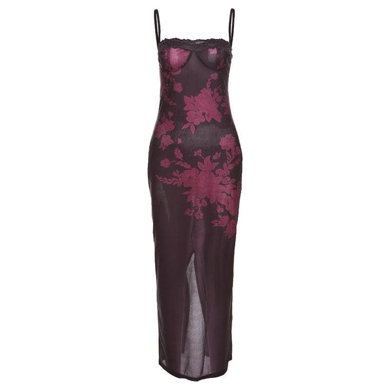 Floral Lace Strappy Midi Dress with a Split Detail