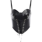 Sweetheart-Neck Faux-Leather Strappy Cami Top with a Front Zip