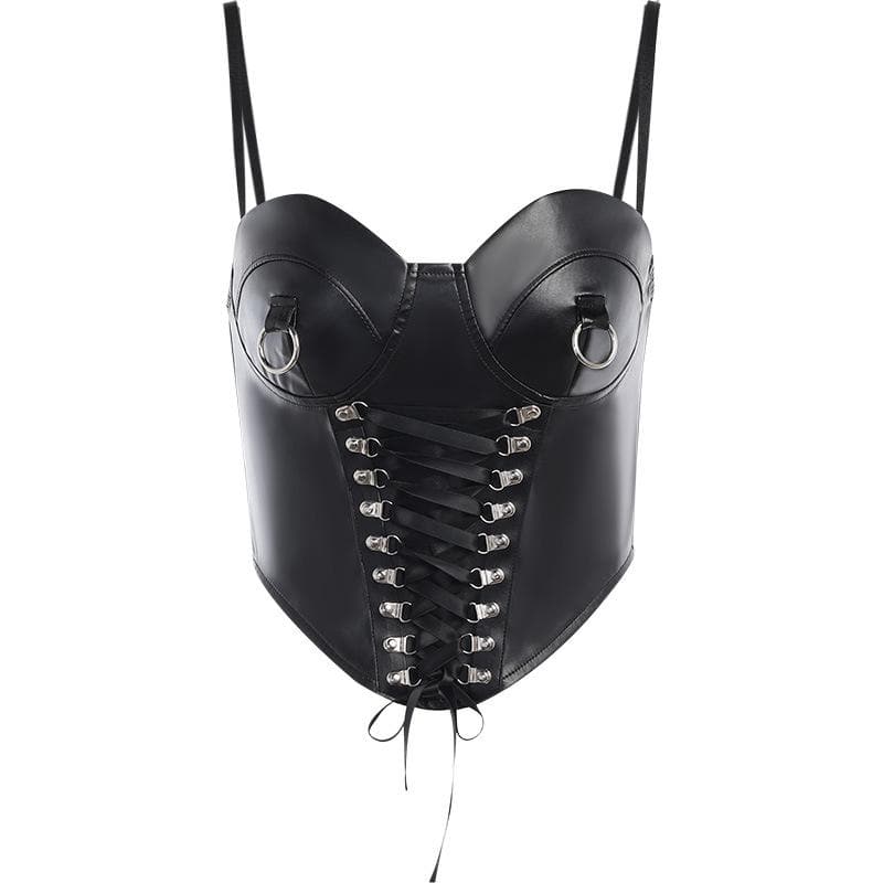 Sweetheart-Neck Faux-Leather Strappy Cami Top with a Front Zip