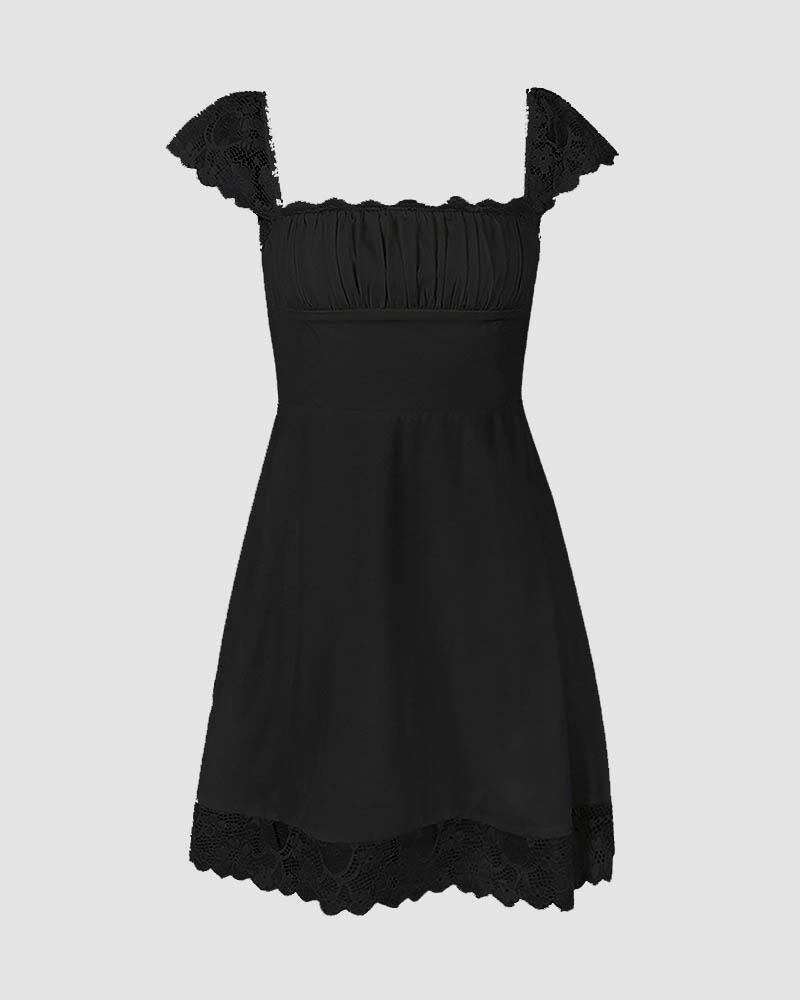 Sweetheart-Neck Short-Sleeve Mini Dress with Lace Details
