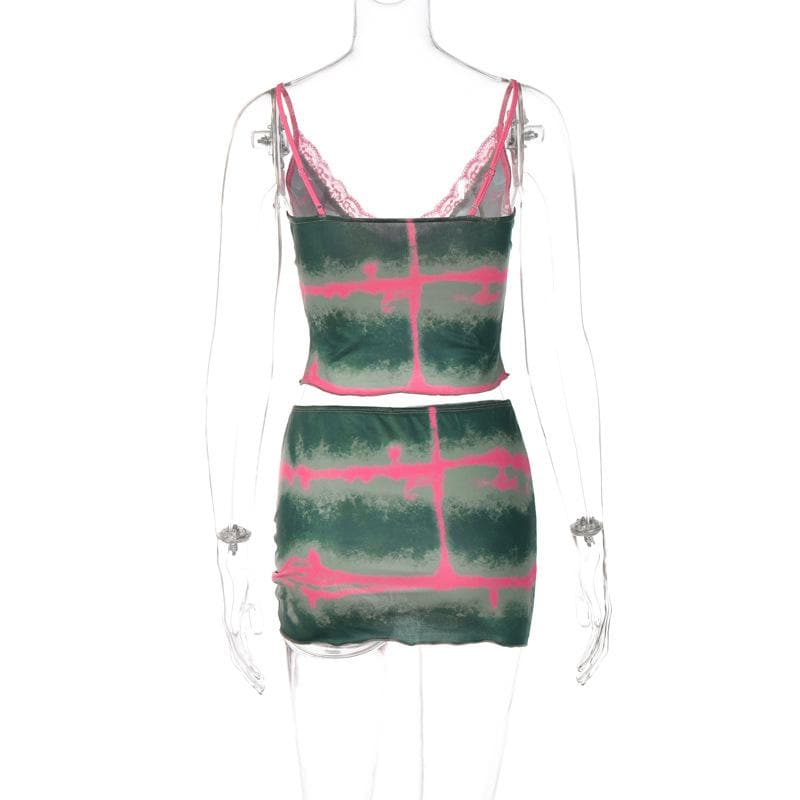 Tie-Dye Lace Strappy Top & Skirt Set with a V-Neck