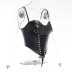 Sweetheart-Neck Faux-Leather Strappy Cami Top with a Front Zip