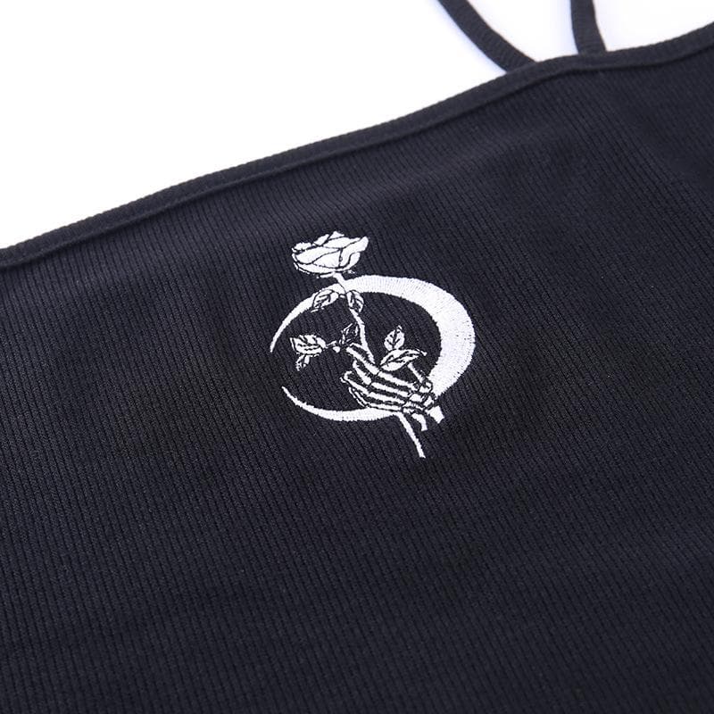 Ribbed Strappy Cropped Cami Top with Embroidery