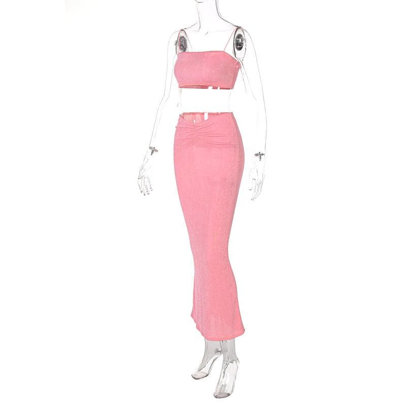 Square-Neck Spaghetti-Strap Top & Skirt Set with Ruched Details