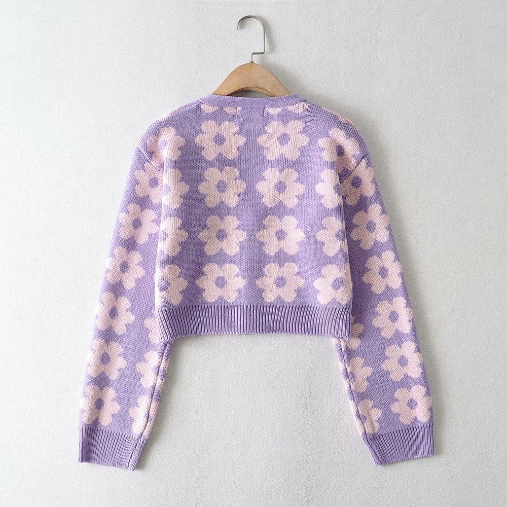 Floral Knit Button-Detail Cardigan with a V-Neck